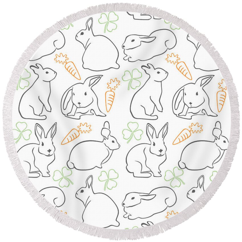 Carrot Round Beach Towel featuring the digital art Day Bunnies by Claire Huntley