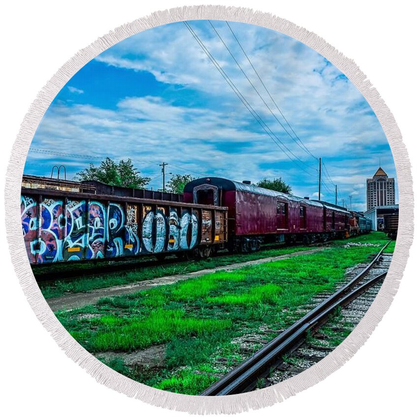  Round Beach Towel featuring the photograph Day Glow Train Yard by Rodney Lee Williams