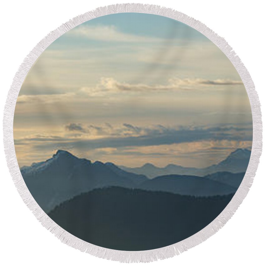 Canada Round Beach Towel featuring the photograph View From Mount Seymour at Sunrise Panorama by Rick Deacon