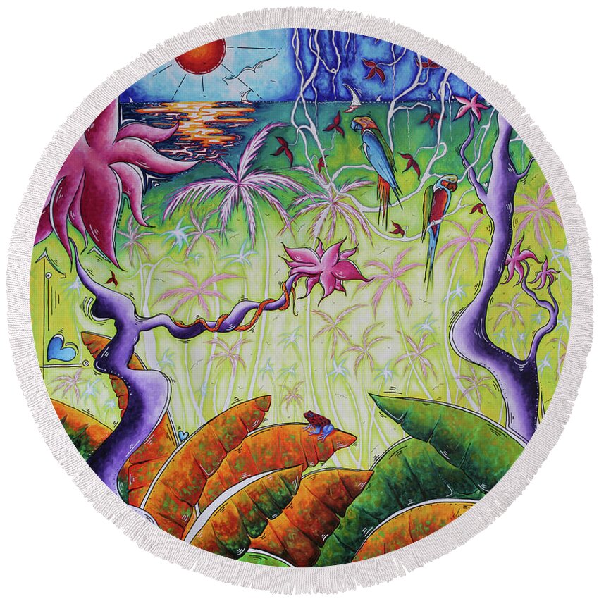 Original Round Beach Towel featuring the painting Deep in the Jungle Original Fantasy MAD Wonderland Painting Art by Megan Duncanson by Megan Aroon