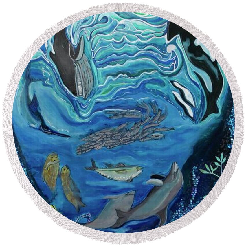 Ocean Round Beach Towel featuring the painting Deep Sea Treasures by Patricia Arroyo
