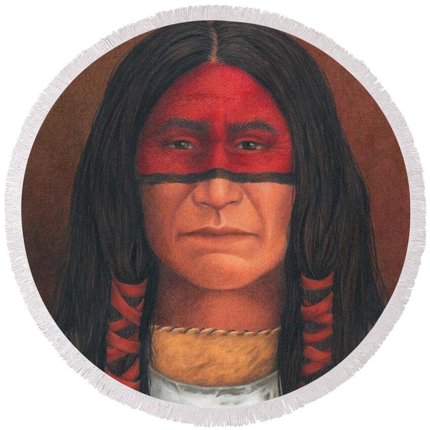 Native American Portrait. American Indian Portrait. Round Beach Towel featuring the painting Delaware Warrior by Valerie Evans