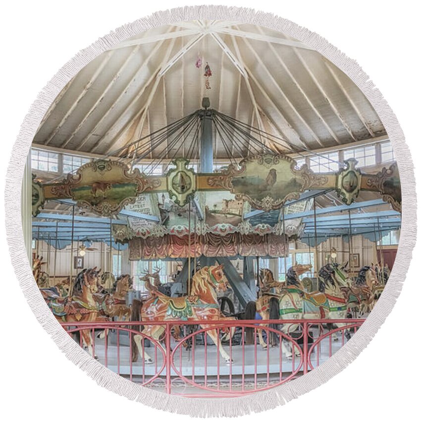 Carousel Round Beach Towel featuring the photograph Dentzel Carousel by Susan Rissi Tregoning
