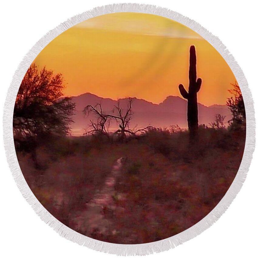 Affordable Round Beach Towel featuring the photograph Desert Sunrise Trail by Judy Kennedy