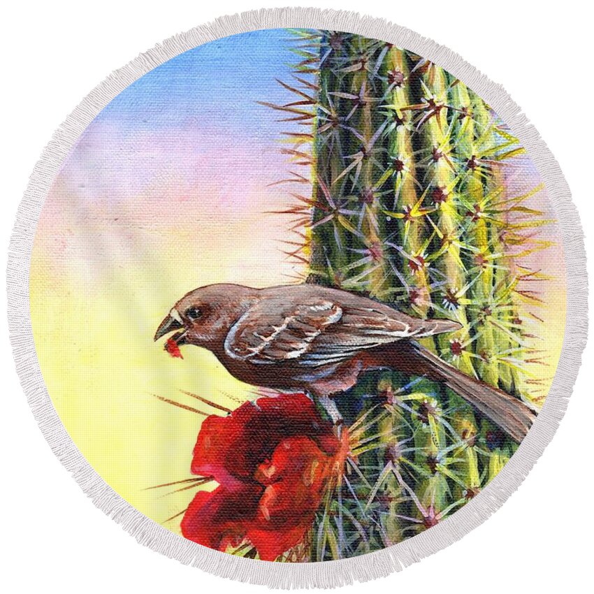 Desert Wren Round Beach Towel featuring the painting Dessert in the Desert by Cynthia Westbrook