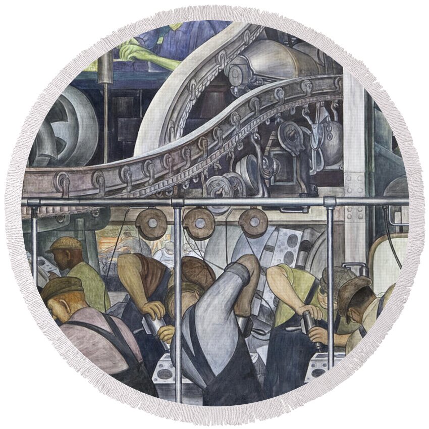 Diego Rivera Round Beach Towel featuring the painting Detroit Industry, North Wall by Diego Rivera Detail by Diego Rivera