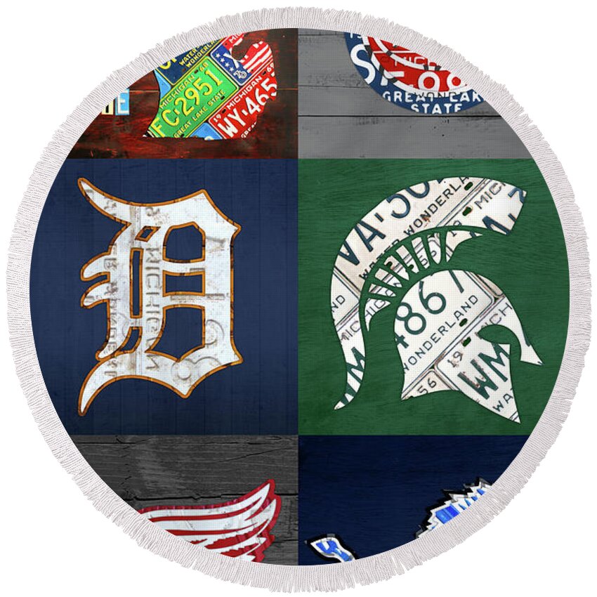 Detroit Round Beach Towel featuring the mixed media Detroit Michigan Sports and Map License Plate Art Collage Vertical by Design Turnpike