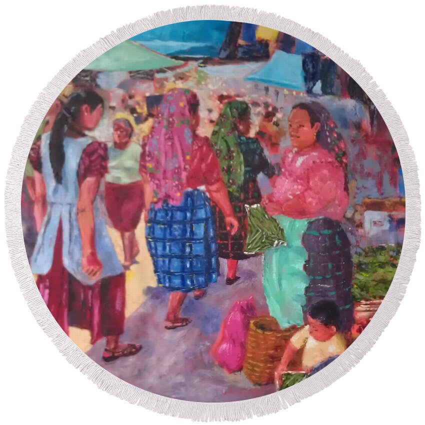 Mexican Round Beach Towel featuring the painting Dia de Plaza by Lilibeth Andre