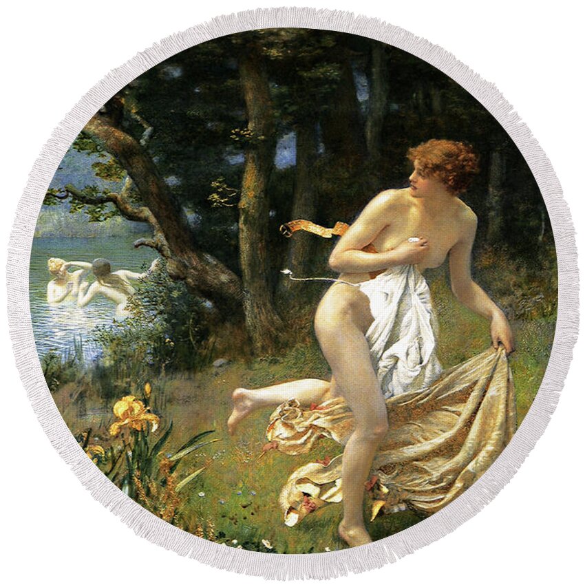 Diana's Maidens Round Beach Towel featuring the painting Dianas Maidens by Edward Robert Hughes by Rolando Burbon