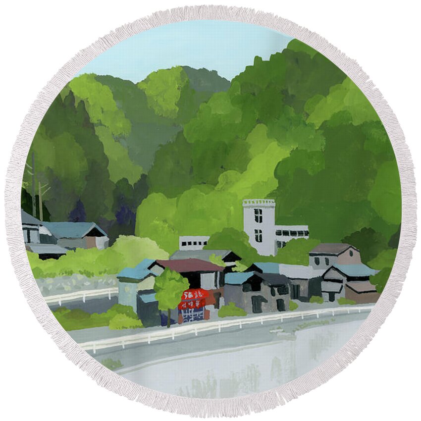 Dining Room In The Mountain Village Round Beach Towel featuring the painting Dining Room In The Mountain Village by Hiroyuki Izutsu