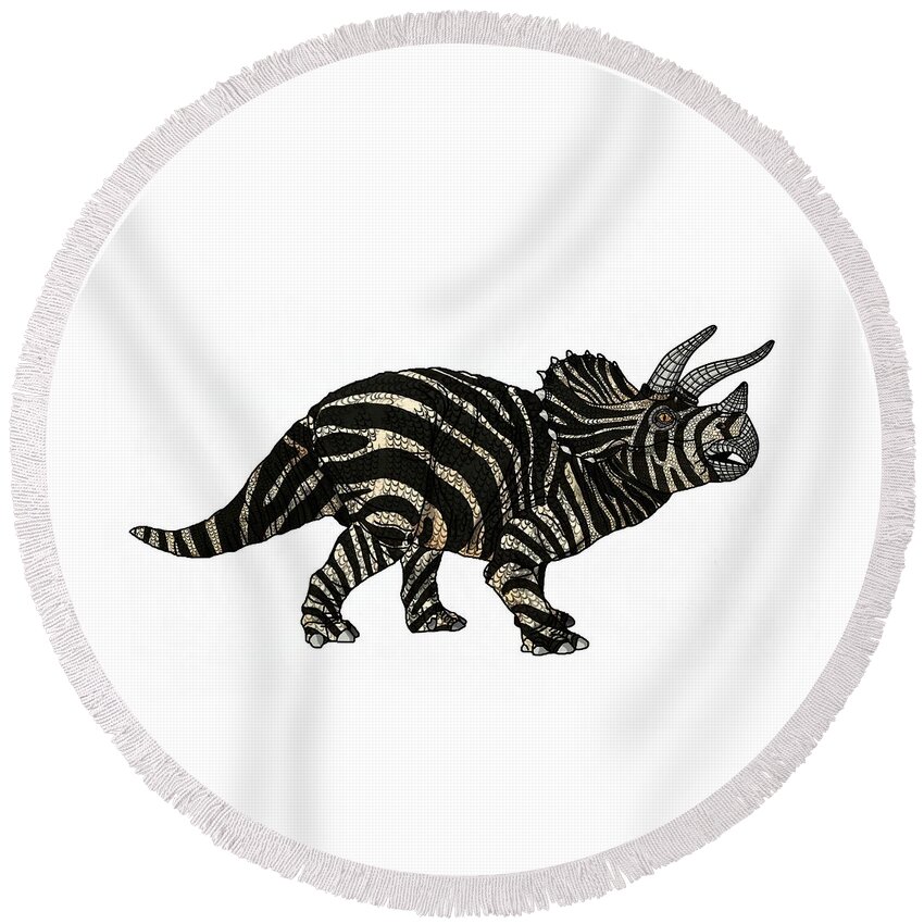 Dinosaur Round Beach Towel featuring the drawing Dinosaur Zebra Triceratops by Joan Stratton