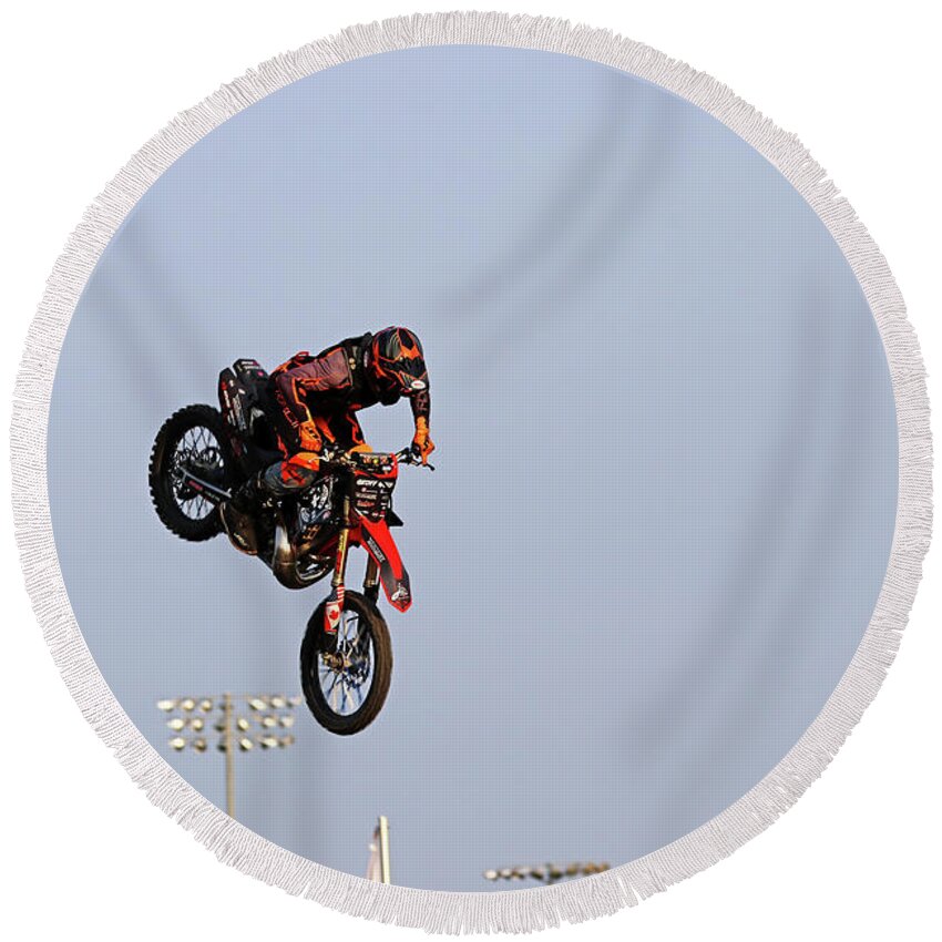 Dirt Bike Round Beach Towel featuring the photograph Dirt Bike Stunts - In The Air XX by Debbie Oppermann