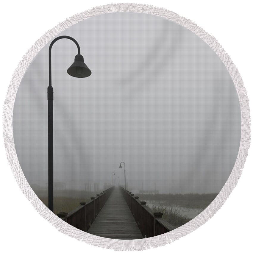 Fog Round Beach Towel featuring the photograph Dockside Southern Fog by Dale Powell