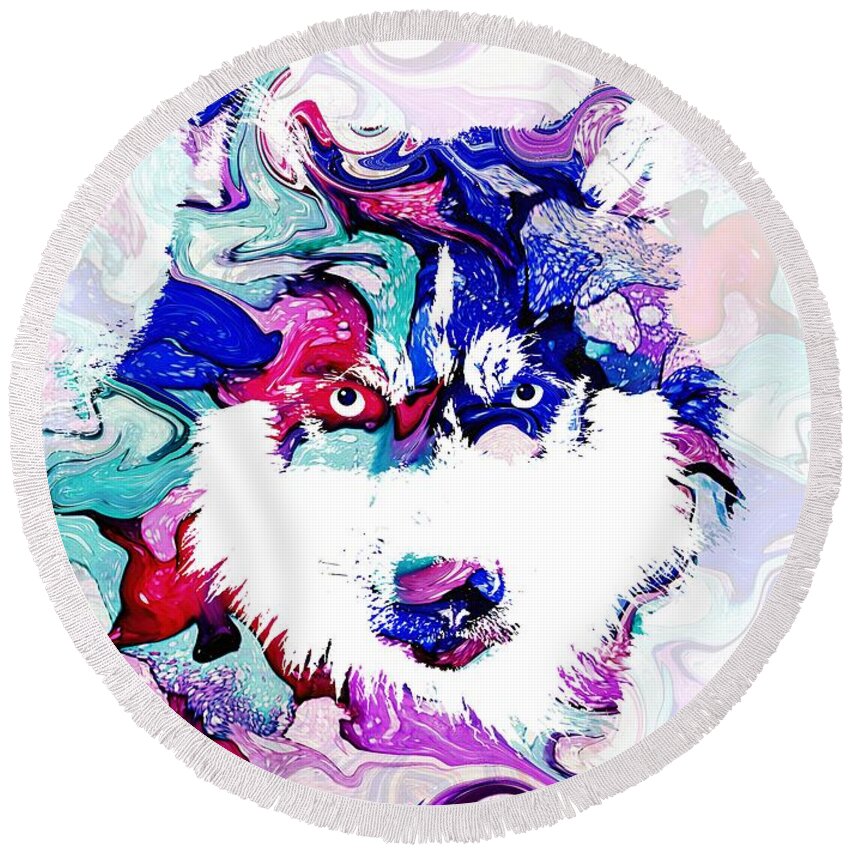 Dog Round Beach Towel featuring the mixed media Dog 148 Husky by Lucie Dumas