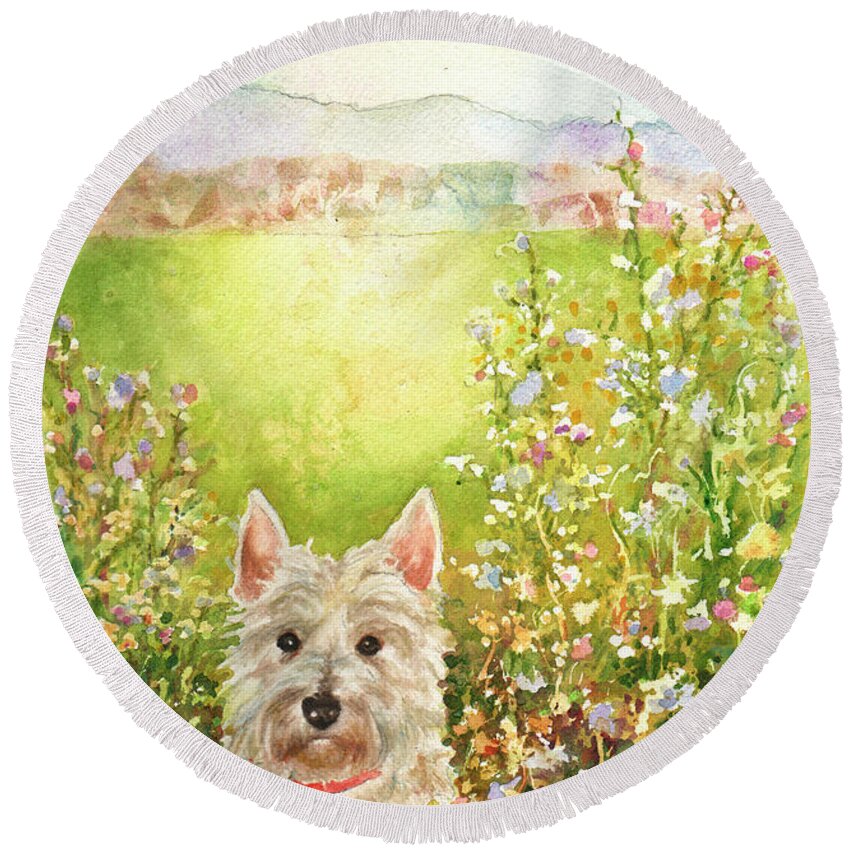 Dog Painting Round Beach Towel featuring the painting Doggie Heaven by Anne Gifford