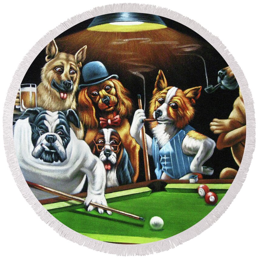 Dogs Playing Pool Round Beach Towel featuring the painting Dogs Playing Pool after original by Coolidge  by Jorge Torrones