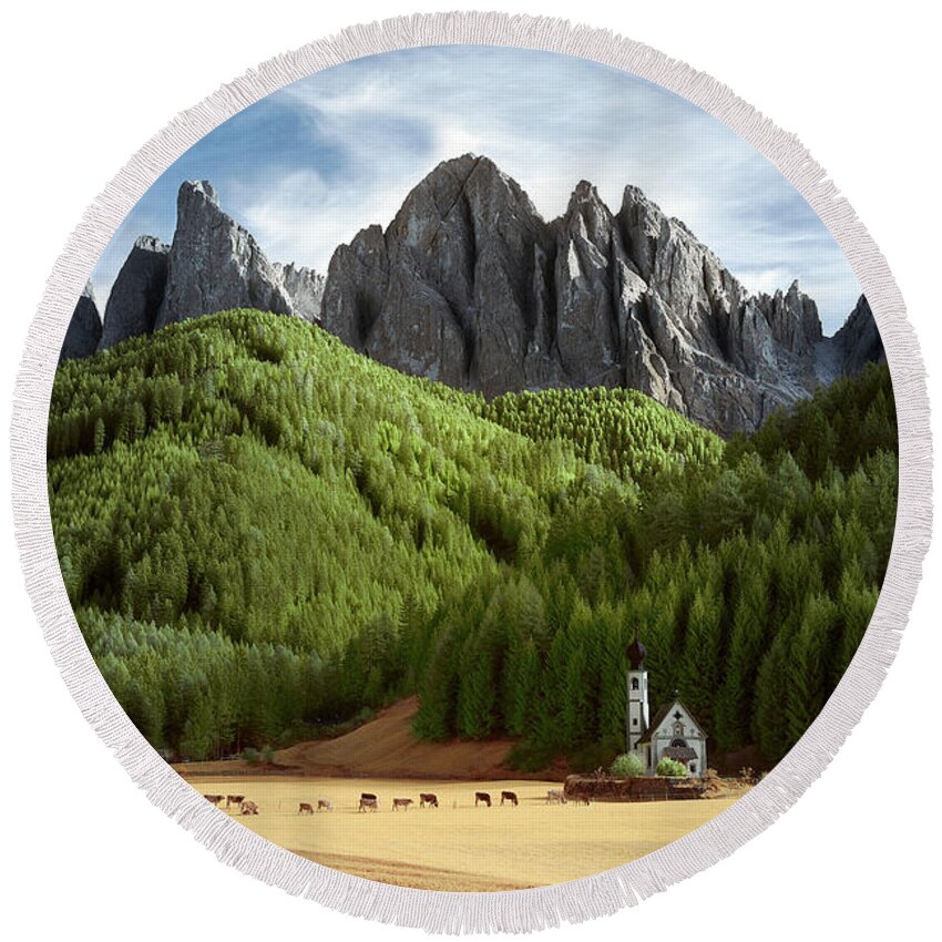 Dolomites Round Beach Towel featuring the photograph Dolomite Church by Jon Glaser