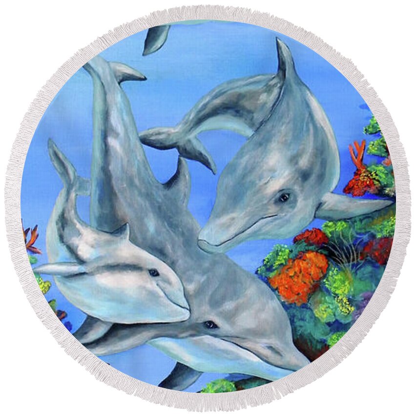 Dolphin Round Beach Towel featuring the painting Dolphin Splendor by JoAnn Wheeler