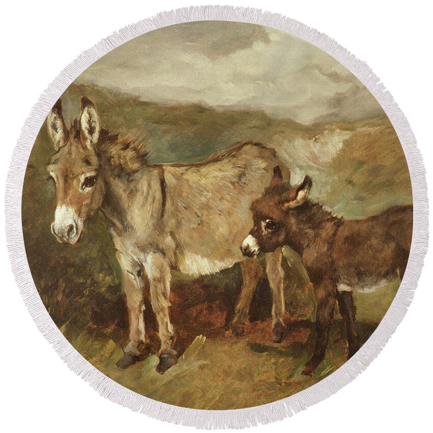 Donkeys Out On The Moor Round Beach Towel featuring the painting Donkeys out on the Moor by John Emms
