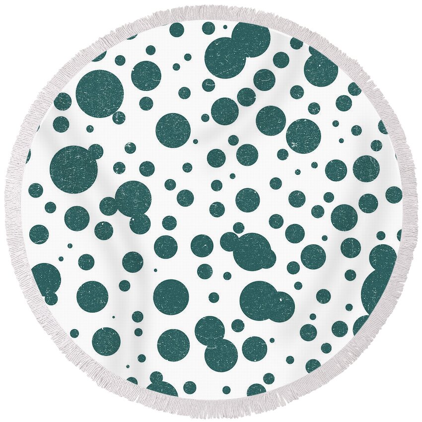 Dots Pattern Round Beach Towel featuring the mixed media Dots Pattern 1 - White, Blue - Ceramic Tile Pattern - Surface Pattern Design - Mediterranean Pattern by Studio Grafiikka