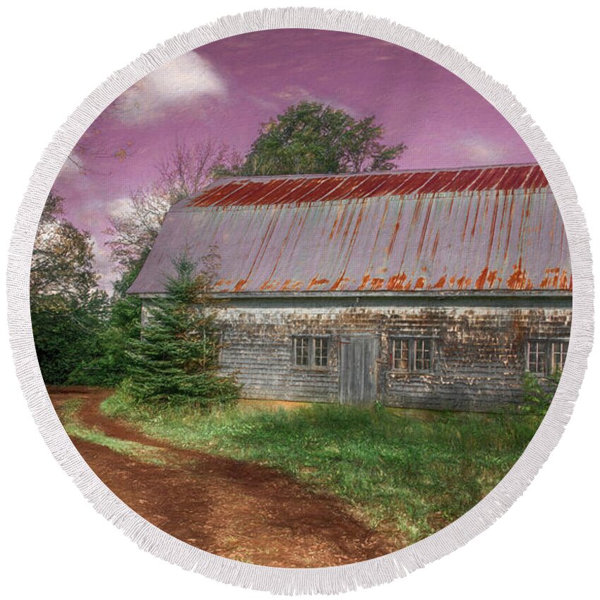 Barn Round Beach Towel featuring the photograph Down the Lane to the Barn by Marcy Wielfaert