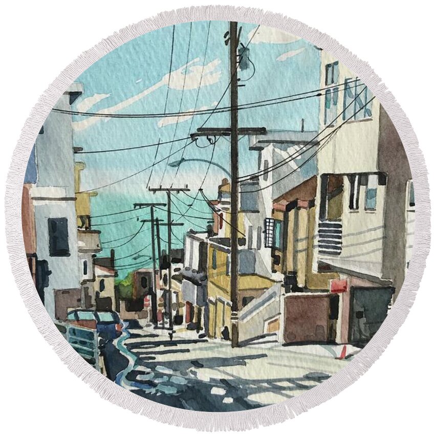 Manhattan Beach Round Beach Towel featuring the painting Downhill to the beach by Luisa Millicent