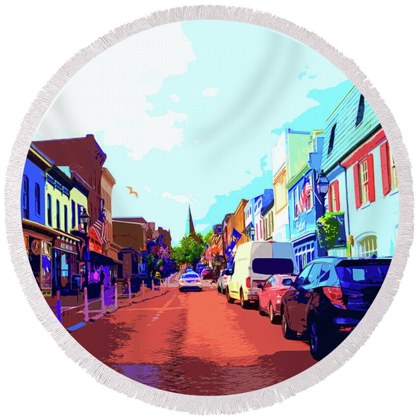 New England Round Beach Towel featuring the painting Downtown Annapolis MD by CHAZ Daugherty