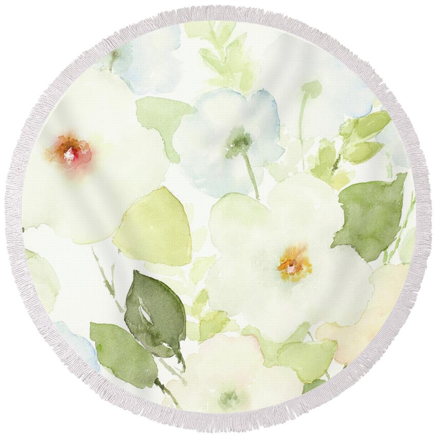 Dreamy Round Beach Towel featuring the mixed media Dreamy Blooms I by Lanie Loreth