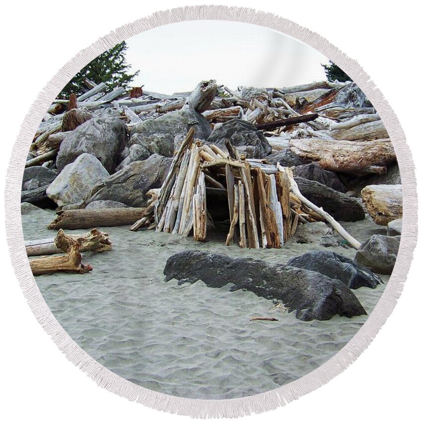 Driftwood Round Beach Towel featuring the photograph Driftwood Lean-To by Julie Rauscher