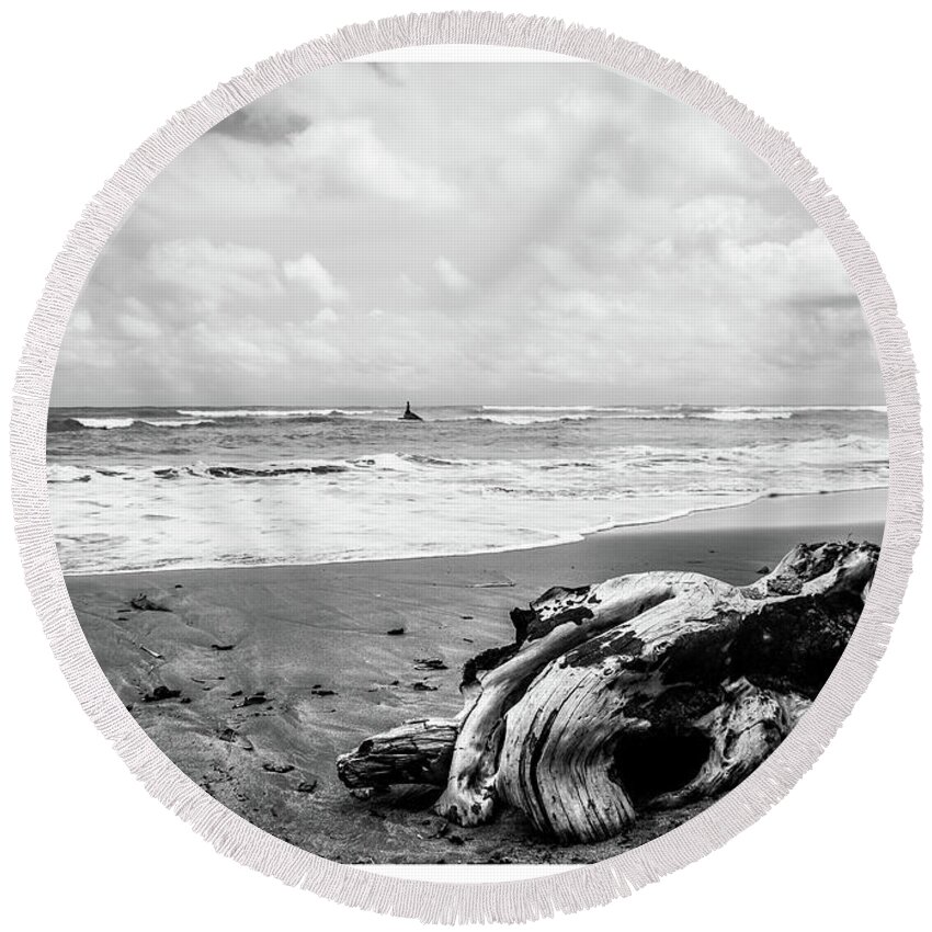 Water's Edge Round Beach Towel featuring the photograph Driftwood on Beach in Black and White by Tito Slack