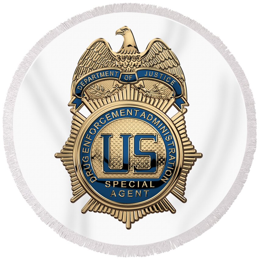  ‘law Enforcement Insignia & Heraldry’ Collection By Serge Averbukh Round Beach Towel featuring the digital art Drug Enforcement Administration - D E A Special Agent Badge over White Leather by Serge Averbukh