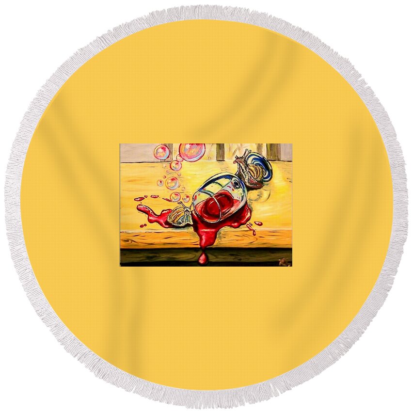 Surrealism Round Beach Towel featuring the painting Drunken Snails by Alexandria Weaselwise Busen
