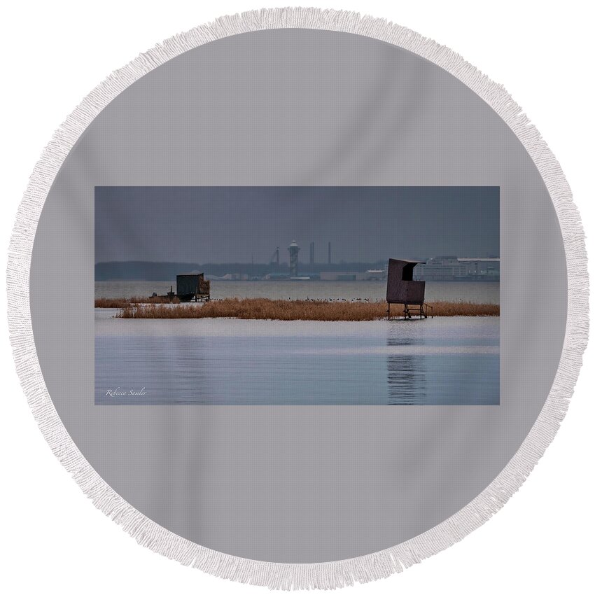 Duck Round Beach Towel featuring the photograph Duck Blinds on Presque Isle Bay by Rebecca Samler