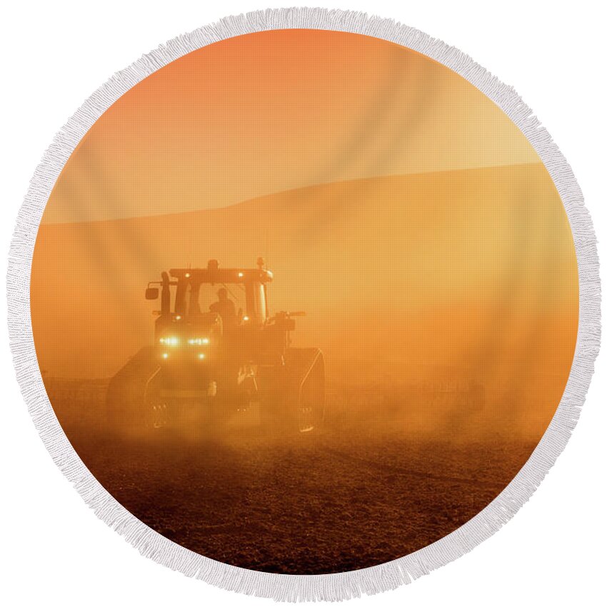 Tractor Round Beach Towel featuring the photograph Dusty Fields by Todd Klassy