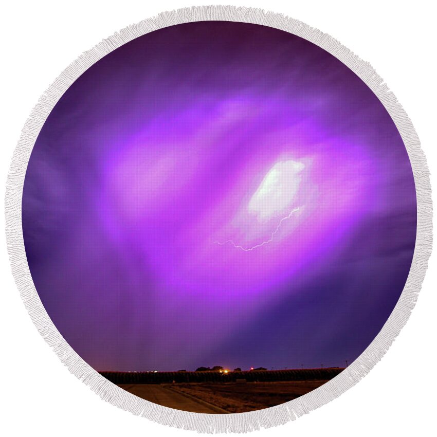Nebraskasc Round Beach Towel featuring the photograph Dying Late Night Supercell 016 by NebraskaSC