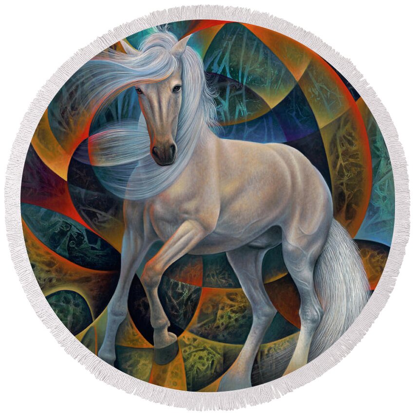 Horse Round Beach Towel featuring the painting Dynamic Stallion by Ricardo Chavez-Mendez