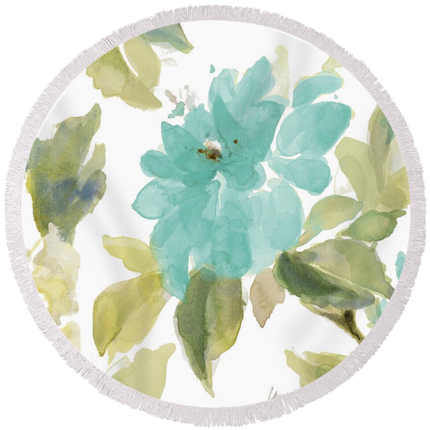 Early Round Beach Towel featuring the painting Early Blue Blooms by Lanie Loreth