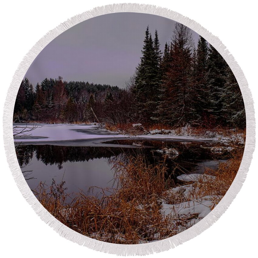 Pond Round Beach Towel featuring the photograph Early Winter On A Spring Fed Pond by Dale Kauzlaric
