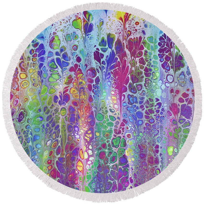 Poured Acrylics Round Beach Towel featuring the painting Easter Garden by Lucy Arnold