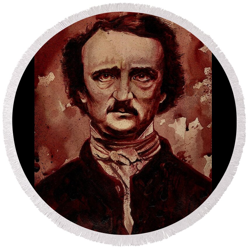 Ryanalmighty Round Beach Towel featuring the painting EDGAR ALLAN POE dry blood by Ryan Almighty