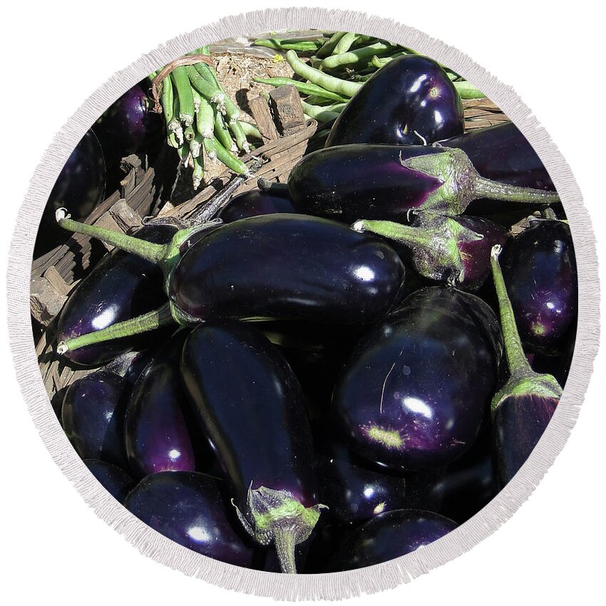 Aubergine Round Beach Towel featuring the photograph Eggplants  for sale in in Chatikona by Steve Estvanik