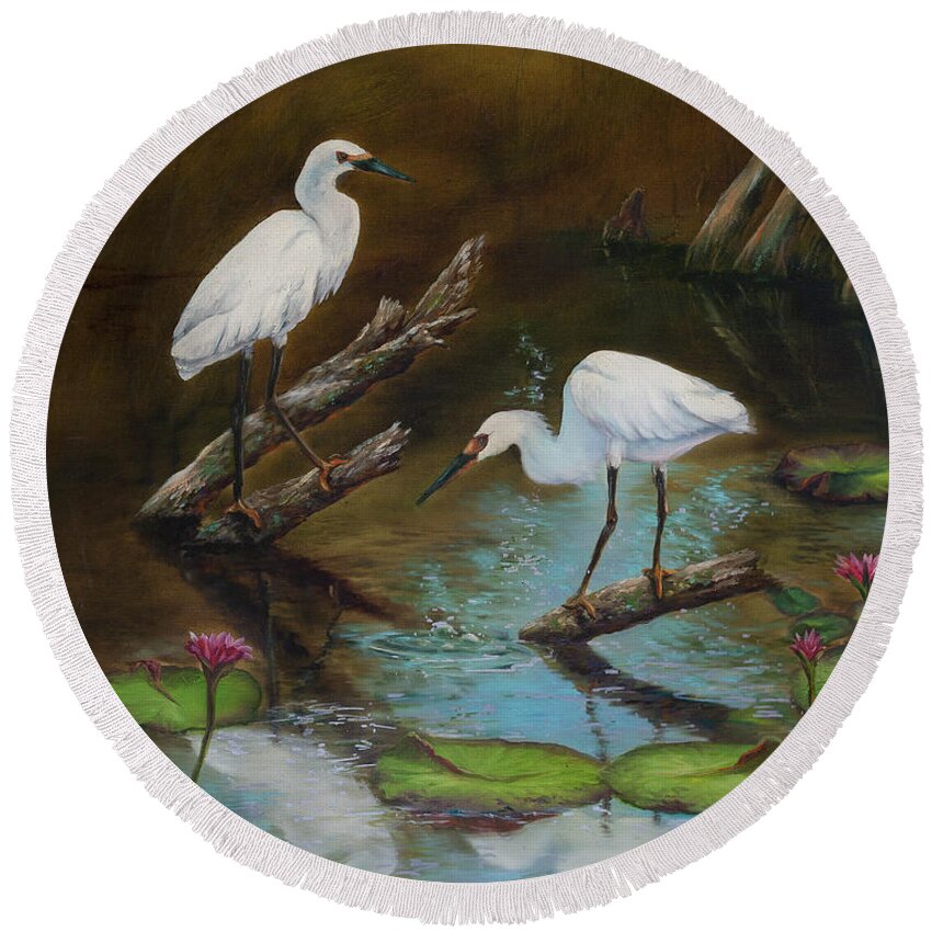 Egrets Round Beach Towel featuring the painting Two Egrets--Missed Again by Lynne Pittard
