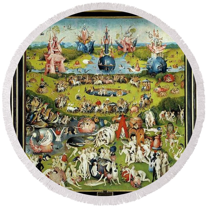 Hieronymus Bosch Round Beach Towel featuring the painting El Bosco / 'The Garden of Earthly Delights', 1500-1505, Flemish School, Oil on panel. EVE. Adam. by Hieronymus Bosch -c 1450-1516-