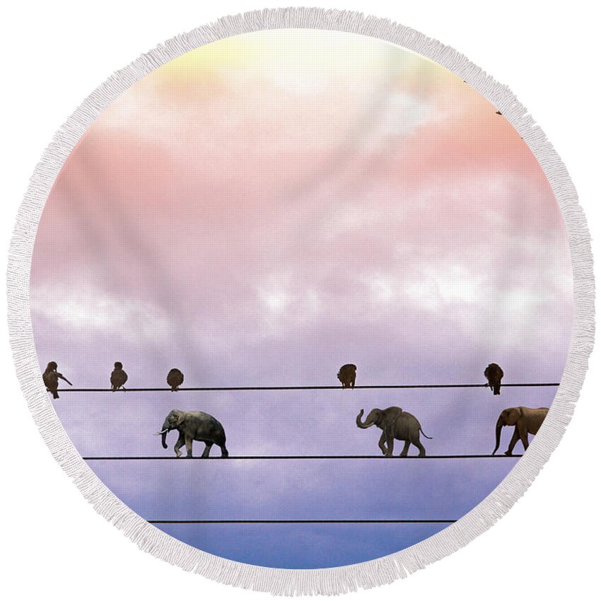 Surreal Round Beach Towel featuring the digital art Elephants on the Wires by Alex Mir