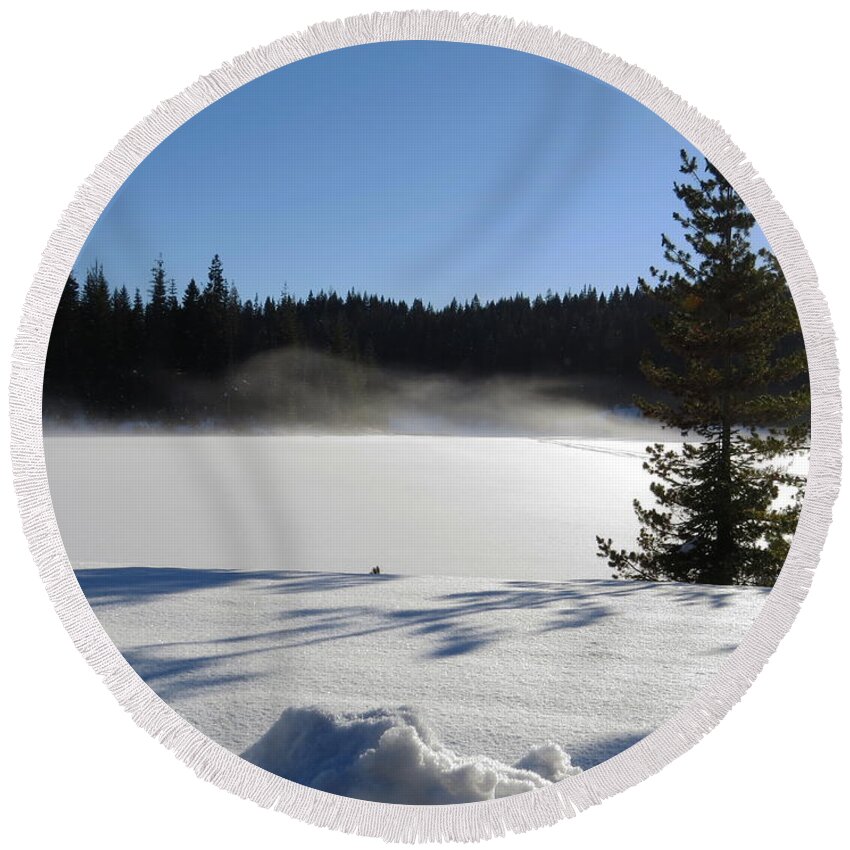 Winter Round Beach Towel featuring the photograph Elk River Reservoir by Jean Evans