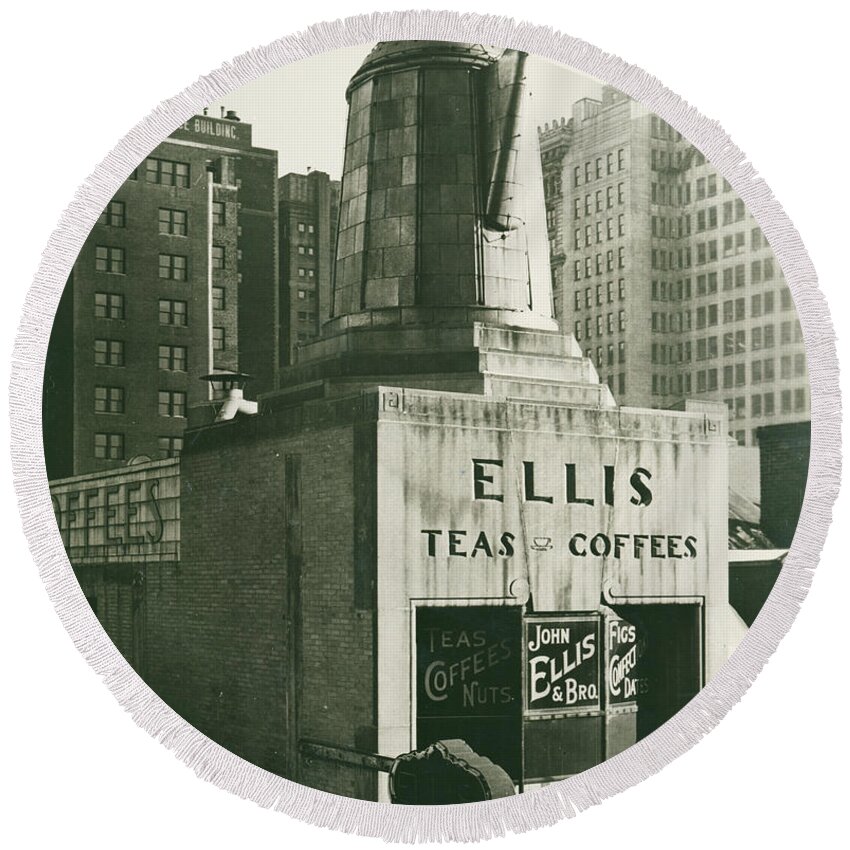 Ellis Teas;and Coffees Round Beach Towel featuring the mixed media Ellis Tea and Coffee Store, 1945 by Jacob Stelman
