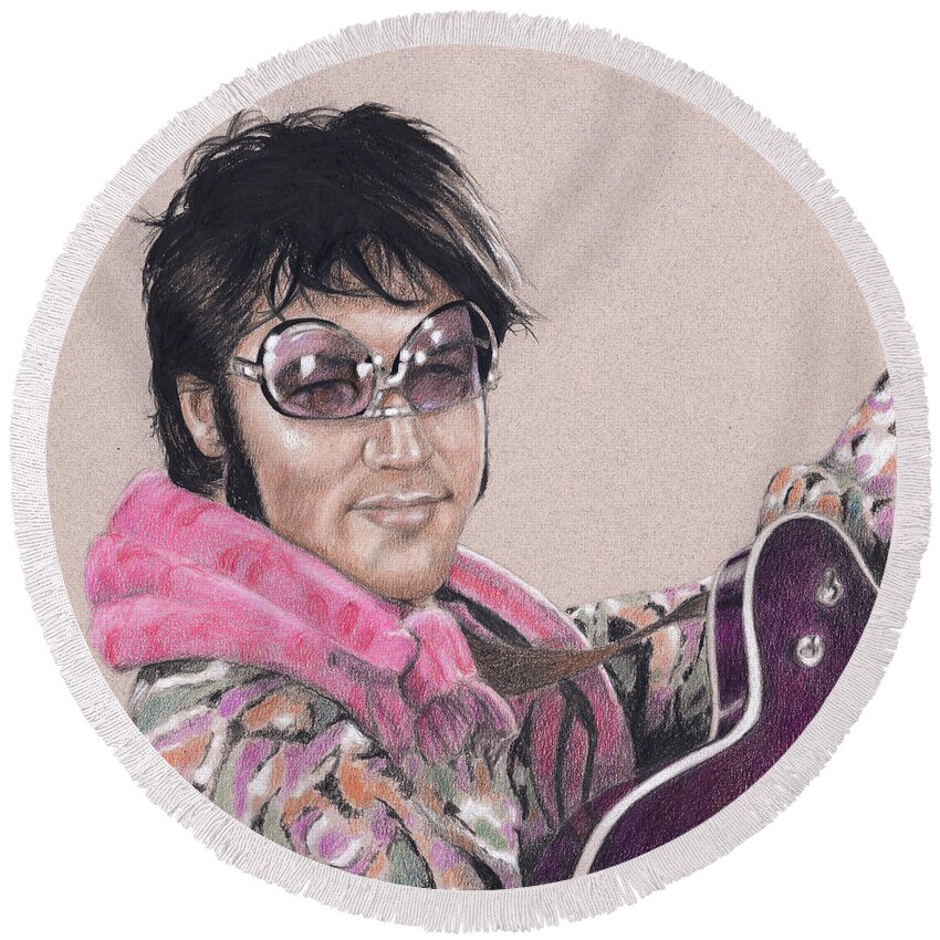 Elvis Round Beach Towel featuring the drawing Elvis in Charcoal #208 by Rob De Vries