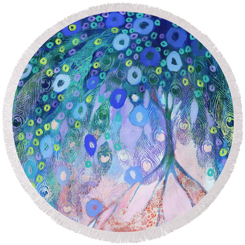 Tree Round Beach Towel featuring the painting Embraced by Love by Jennifer Lommers