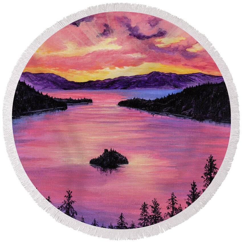 Emerald Bay Round Beach Towel featuring the painting Emerald Bay Sunset by Darice Machel McGuire