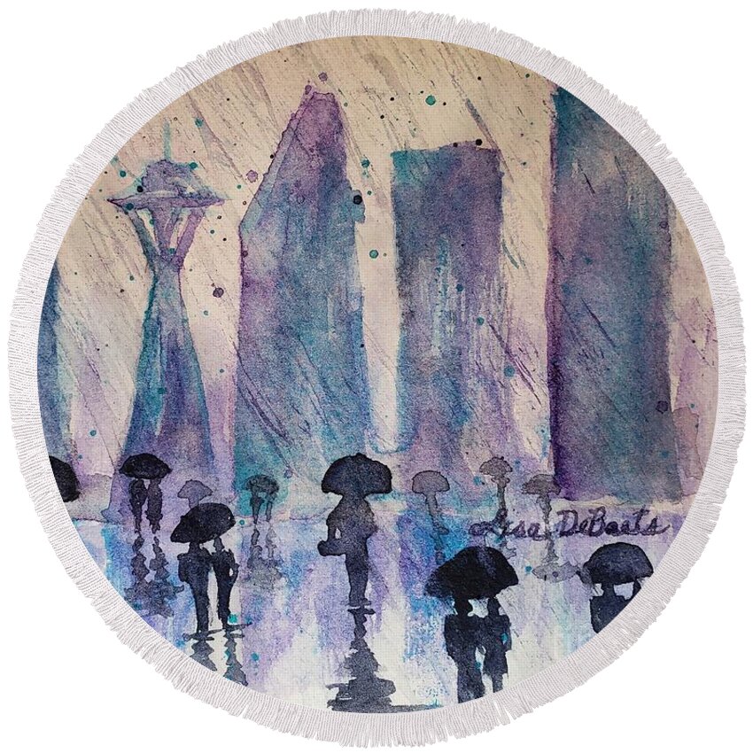 Seattle City Scape Round Beach Towel featuring the painting Emerald City by Lisa Debaets